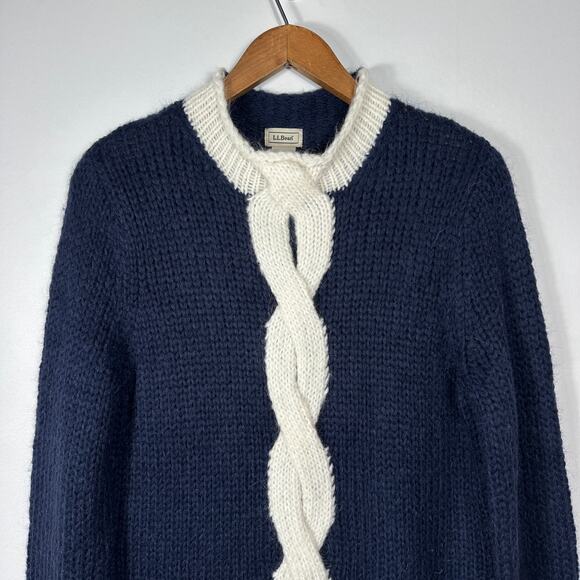 LL Bean Sweater Blue Cream Mohair Wool Cable Knit Roll Neck Twist Size Large - Picture 3 of 13